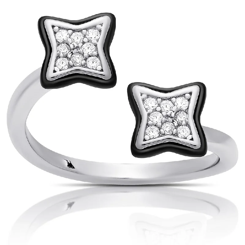 Shale fleck ring-Samantha Stone Sterling Silver Cubic Zirconia Ceramic Clover Open Ring