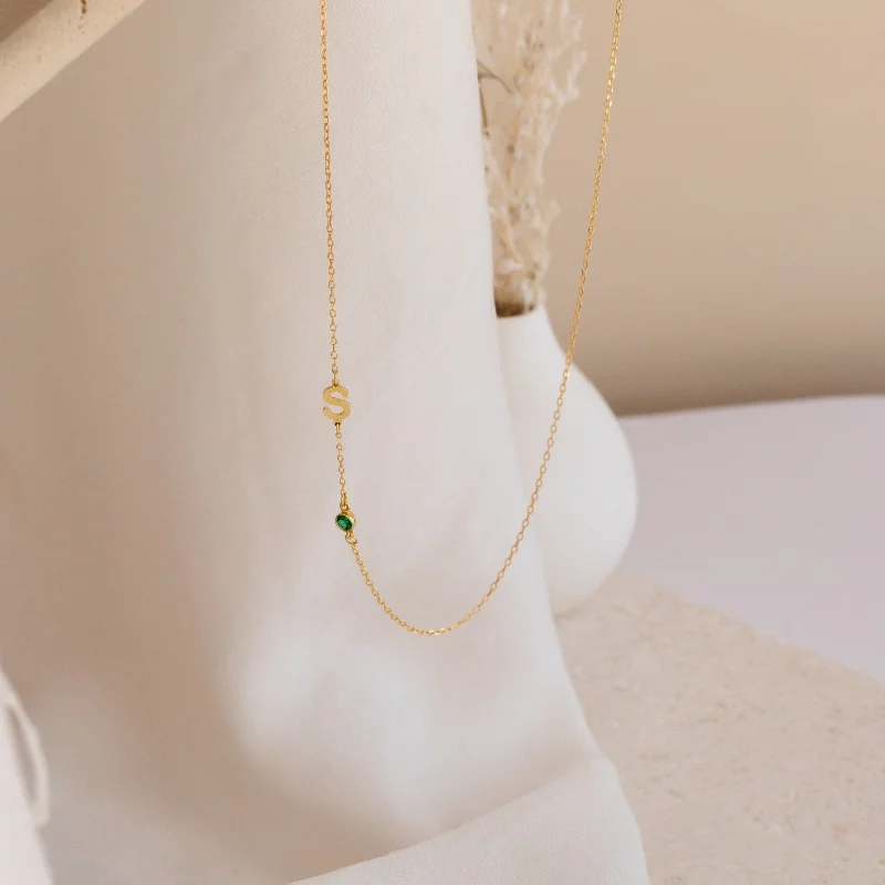 Thyme twig necklace-Sideways Initial Birthstone Necklace