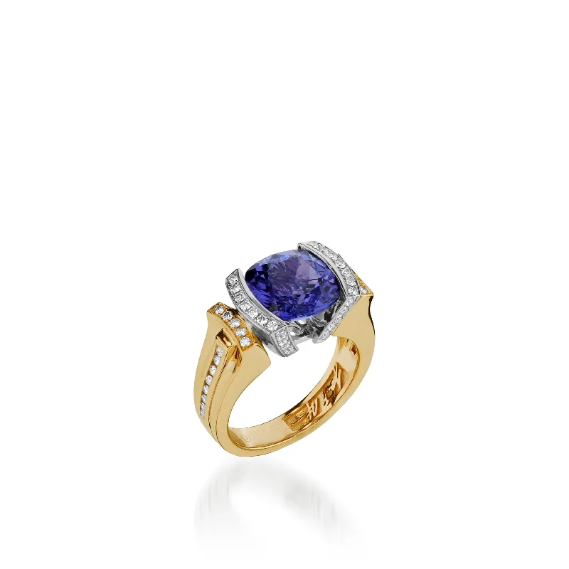 Hexagon gem ring-Signature Cushion Cut Tanzanite and Pave Diamond Ring