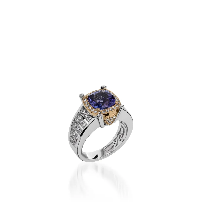 Violet garnet ring-Signature Cushion Cut Tanzanite and Diamond Ring