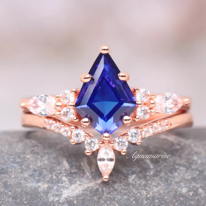 Silk weave ring-Skye Kite™  Cornflower Sapphire Kite Engagement Ring Set- 14K Solid Rose Gold