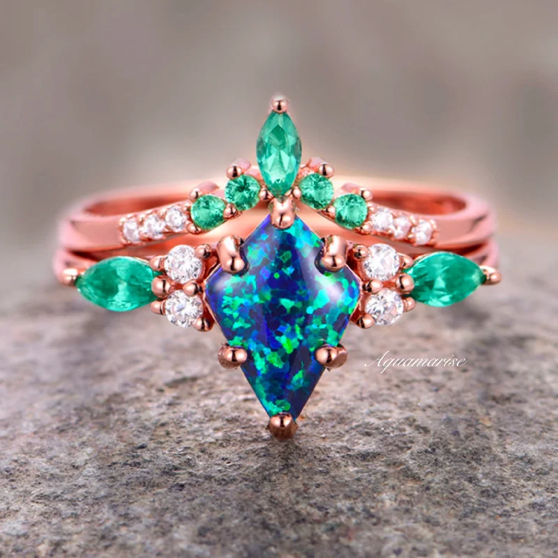 Vault crown ring-Skye Kite™  Peacock Fire Opal & Emerald Engagement Ring Set- 14K Solid Rose Gold