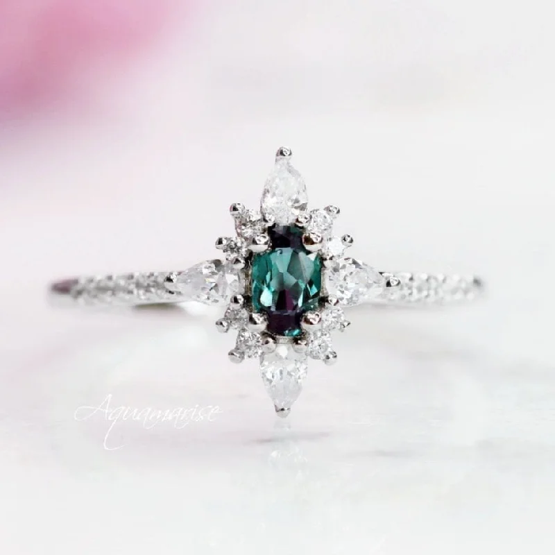 Daisy flower ring-Starburst Alexandrite Engagement Ring- 14K Solid White Gold