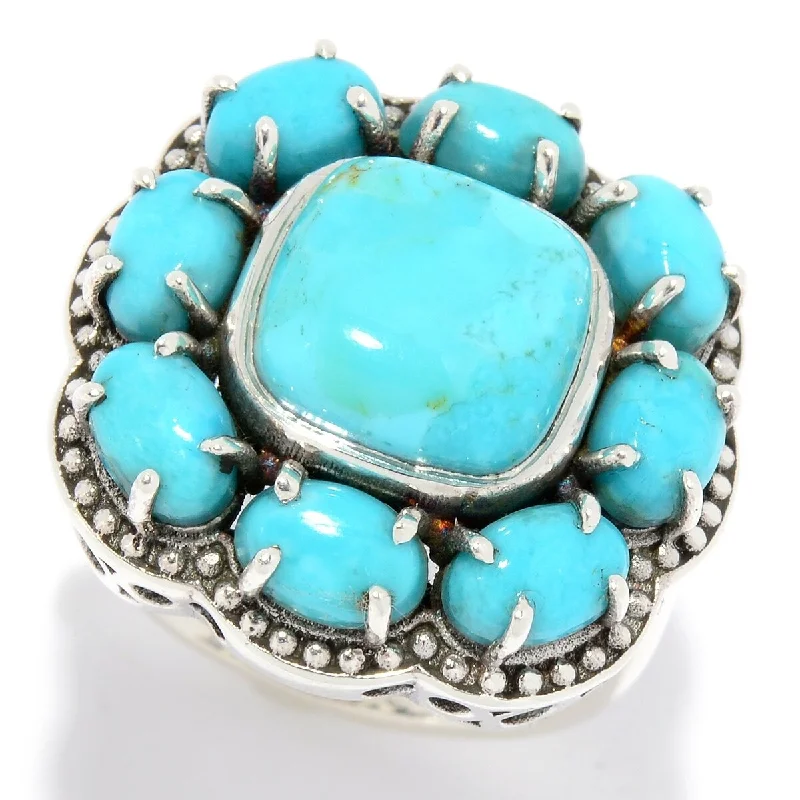 Bronze cast ring-Sterling Silver 10mm Kingman Mohave Turquoise Beaded Halo Ring