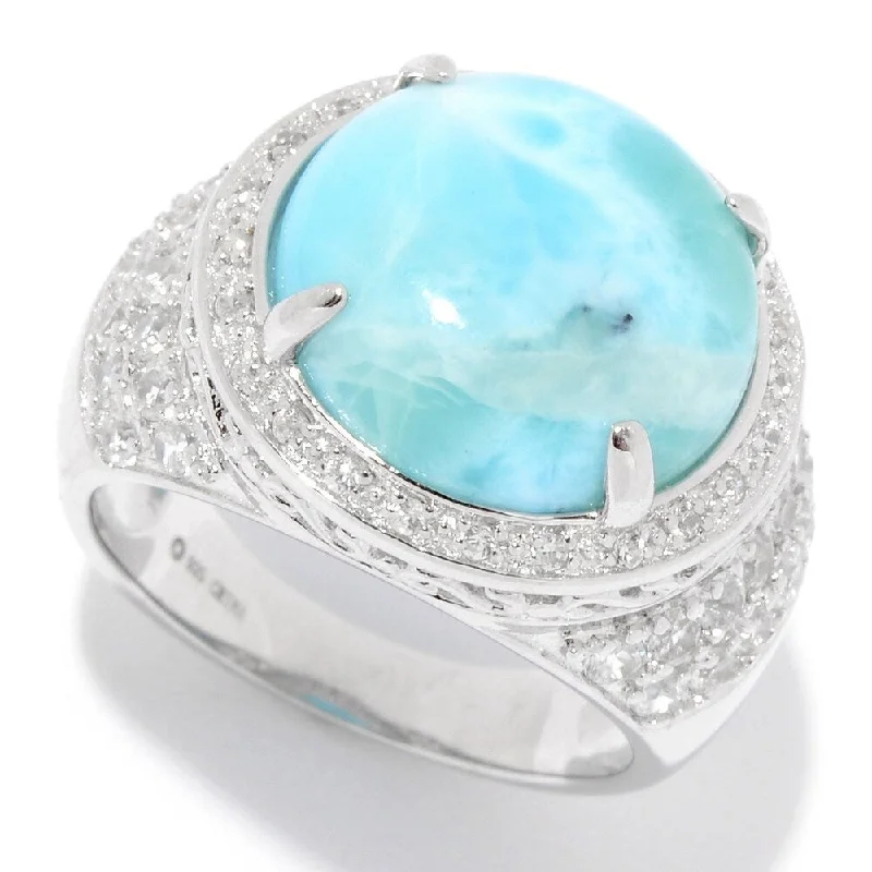 Parsley leaf ring-Sterling Silver 13.5mm Larimar & White Topaz Halo Ring