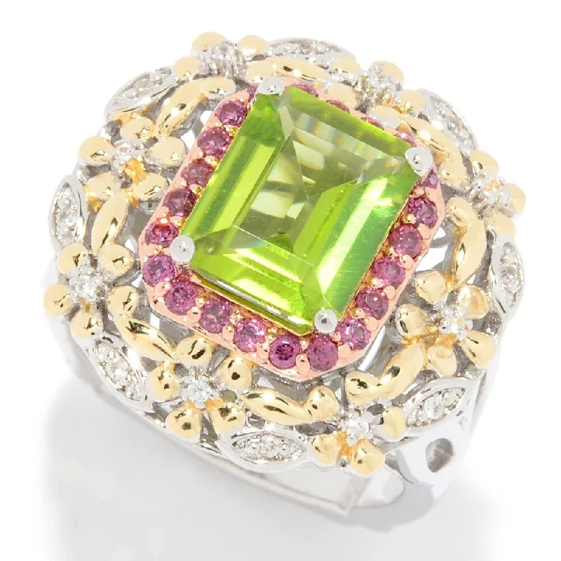 Tartan check ring-Sterling Silver 3.75ctw Peridot, Rhodolite & White Zircon Flower Ring