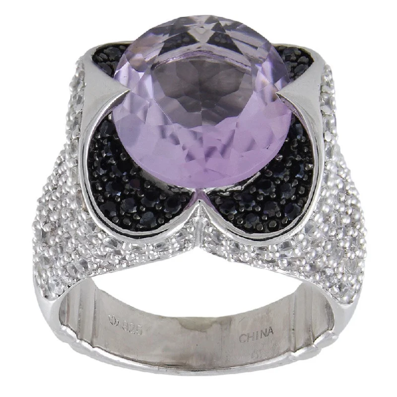 Locked band ring-Sterling Silver 9.31ct Oval Pink Amethyst White Zircon and Black Spinel Ring