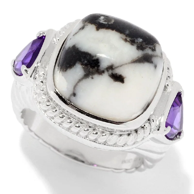 Stapled design ring-Sterling Silver Cushion & Trillion Gemstone Textured Ring