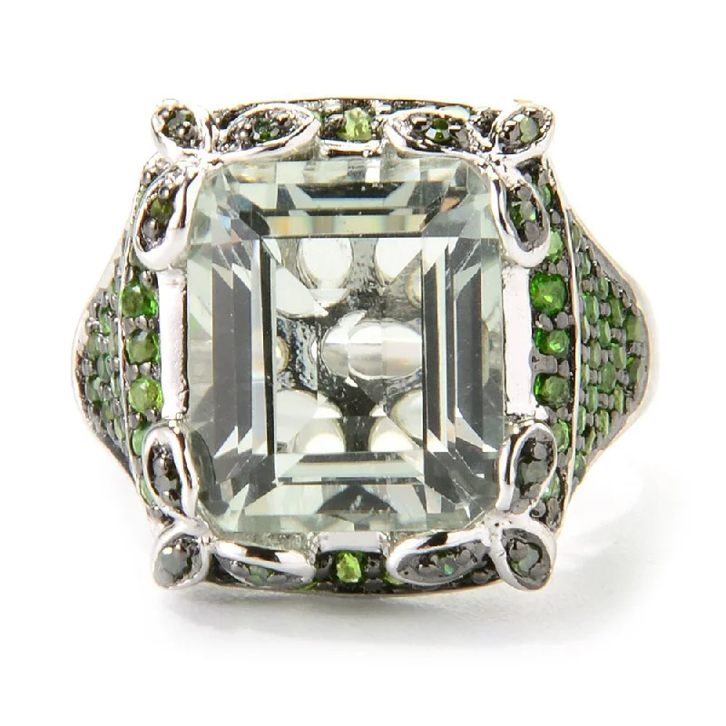 Folded rim ring-Sterling Silver Emerald Cut 7.11ctw Green Amethyst/ Chrome Diopside/ Diamond Ring