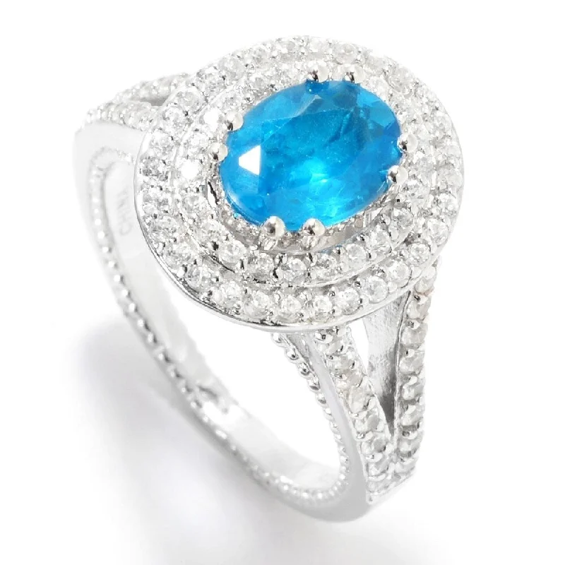 Gleam druzy ring-Sterling Silver Neon Apatite & White Zircon Double Halo Ring