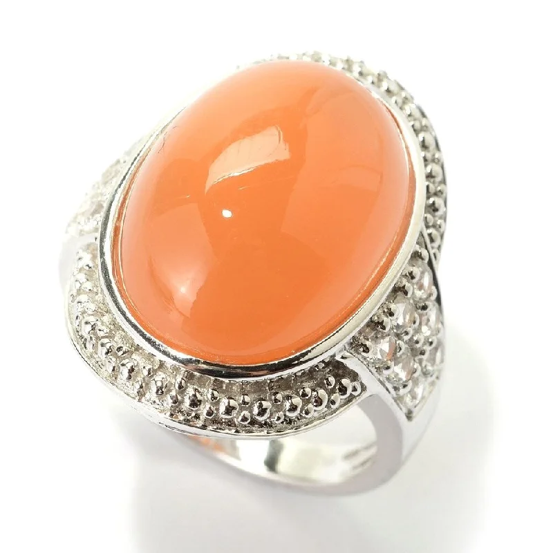 Scored groove ring-Sterling Silver Oval Peach Moonstone and White Topaz Ring