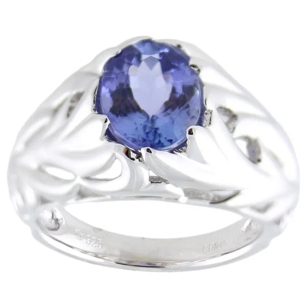 Edwardian flair ring-Sterling Silver Oval Tanzanite Textured Leaf Ring