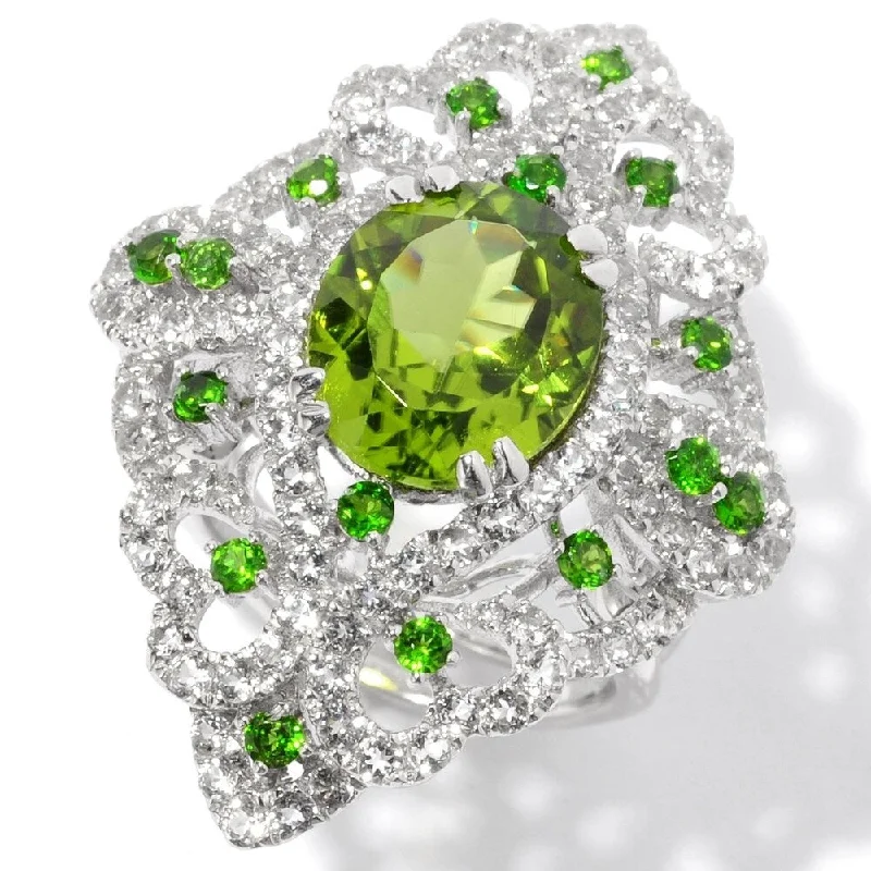 Wave ridge ring-Sterling Silver Peridot and White Topaz North-south Large Cocktail Ring