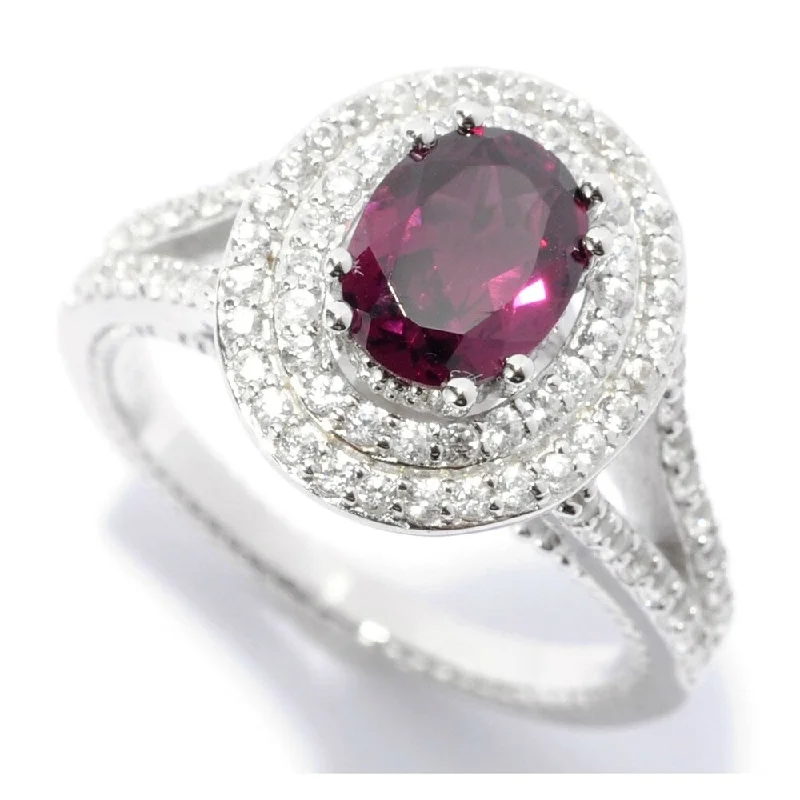 Radiant-cut ruby ring-Sterling Silver Rhodolite & White Zircon Double Halo Ring