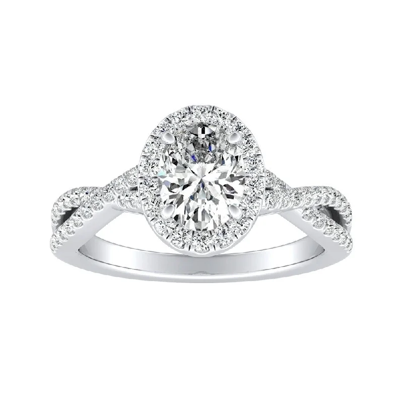 Muted check ring-Twisted Oval-cut 1ctw Halo Diamond Engagement Ring 18k Gold by Auriya