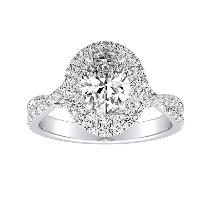 Tin alloy ring-Twisted Oval Shape 1ctw Double Halo Diamond Engagement Ring 18k Gold by Auriya