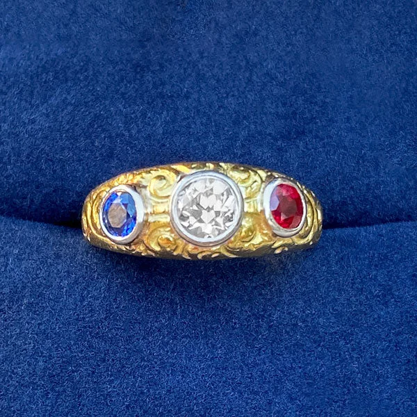 Tribal mark ring-Victorian Diamond, Ruby & Sapphire Ring, Old Euro 0.48ct.