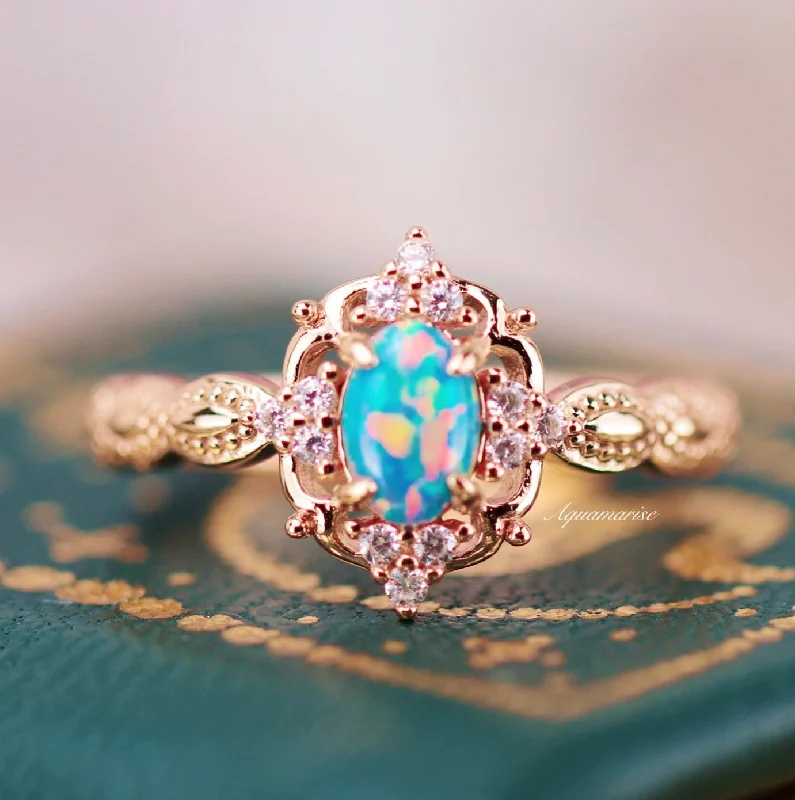 Rural craft ring-Vintage Blue Fire Opal Engagement Ring- 14K Solid Rose Gold