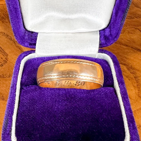 Brushed sapphire ring-Vintage Decorative Edge Wedding Band Ring, 6-14-80, Size 7 1/4