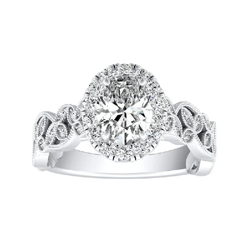 Snap hinge ring-Vintage Floral Vine Halo Oval Diamond Engagement Ring 1 1/4ctw Platinum by Auriya