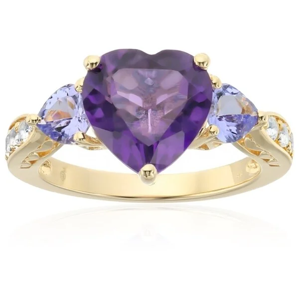 Dew bead ring-Yellow Gold-plated Silver Amethyst, Tanzanite 3-stone Heart Ring, Sz 7 - Purple