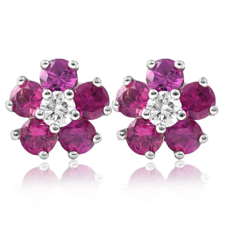 Textured bar earrings-1 1/2 Ct Ruby & Diamond Studs in 14k White Gold