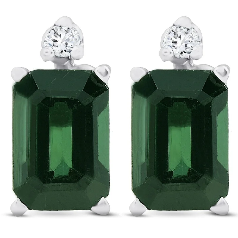 Twilight gray earrings-1 1/3ct Green Tourmaline Diamond Studs 14K White Gold