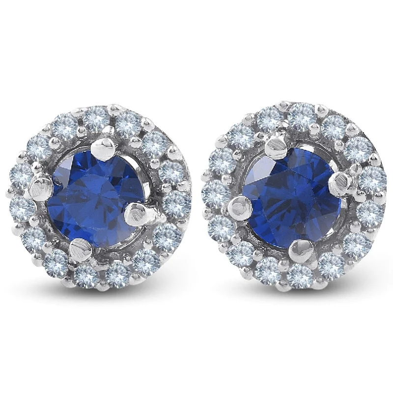 Soft hue earrings-1/4 Ct Blue Sapphire & Diamond Halo Studs 10k White Gold