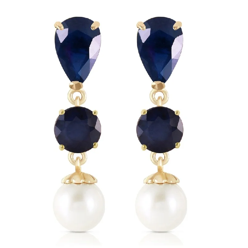 Snap hinge earrings-10.1 CTW 14K Solid Gold Chandelier Earrings Sapphire pearl