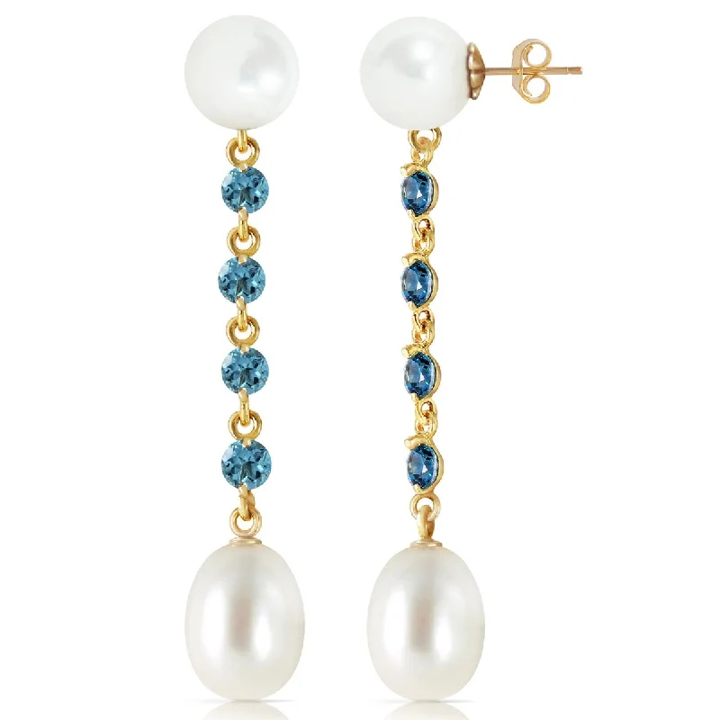 Silk weave earrings-14K Solid Gold Chandelier Blue Topaz & Pearl Gemstone Earrings