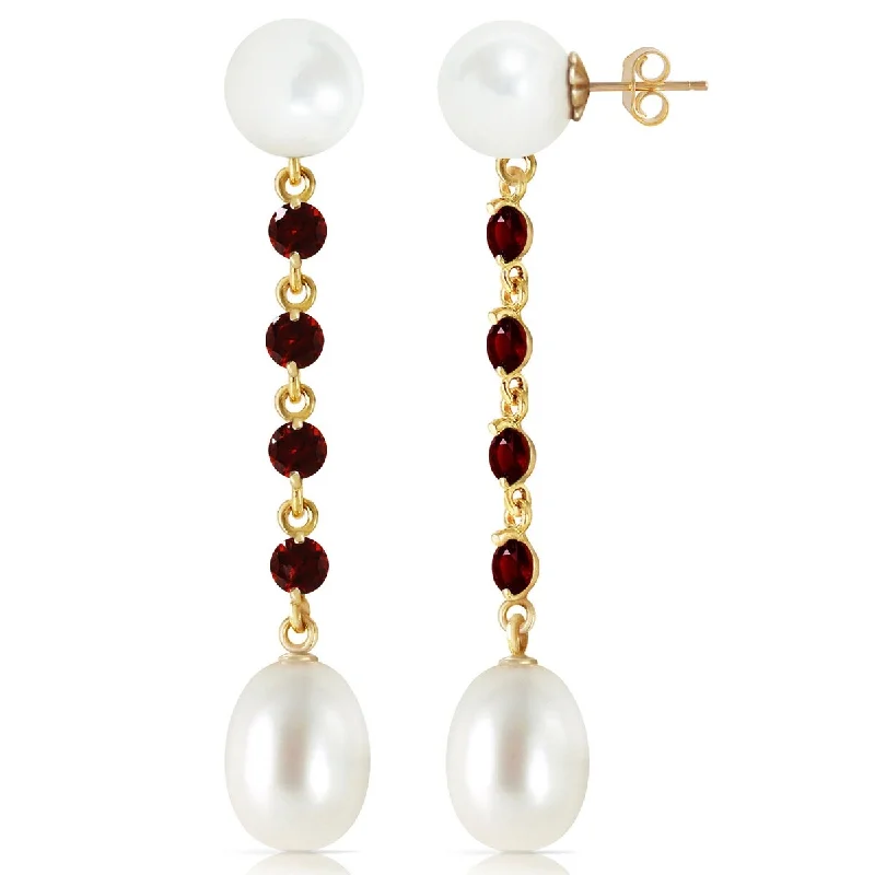 Grooved hoop earrings-14K Solid Gold Chandelier Gemstone Earrings w/ Garnets & Pearls