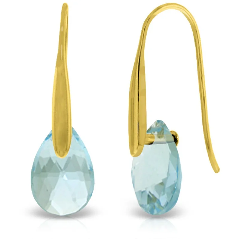 Satin finish earrings-14K Solid Gold Fish Hook Earrings w/ Dangling Briolette Blue Topaz