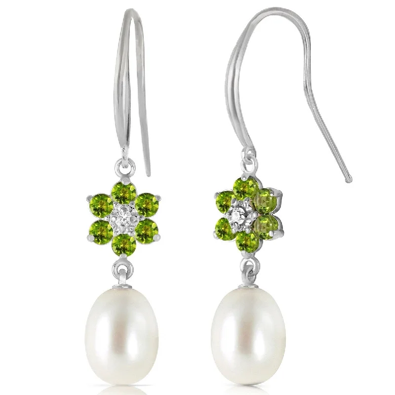 Sarmatian stud earrings-14K Solid Gold Fish Hook Earrings w/ Diamonds, Peridots & Pearls