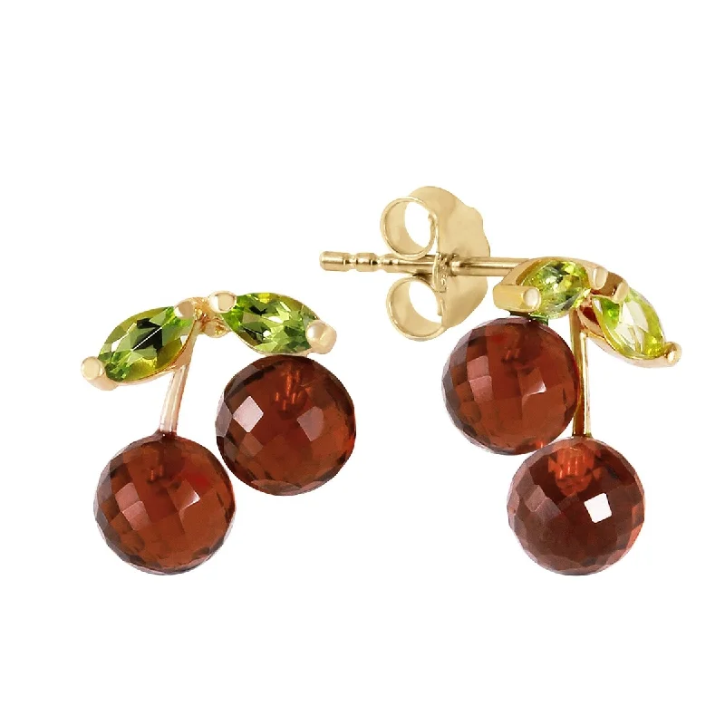 Offset gem earrings-14K Solid Gold Gemstone Earrings w/ Natural Garnets & Peridots