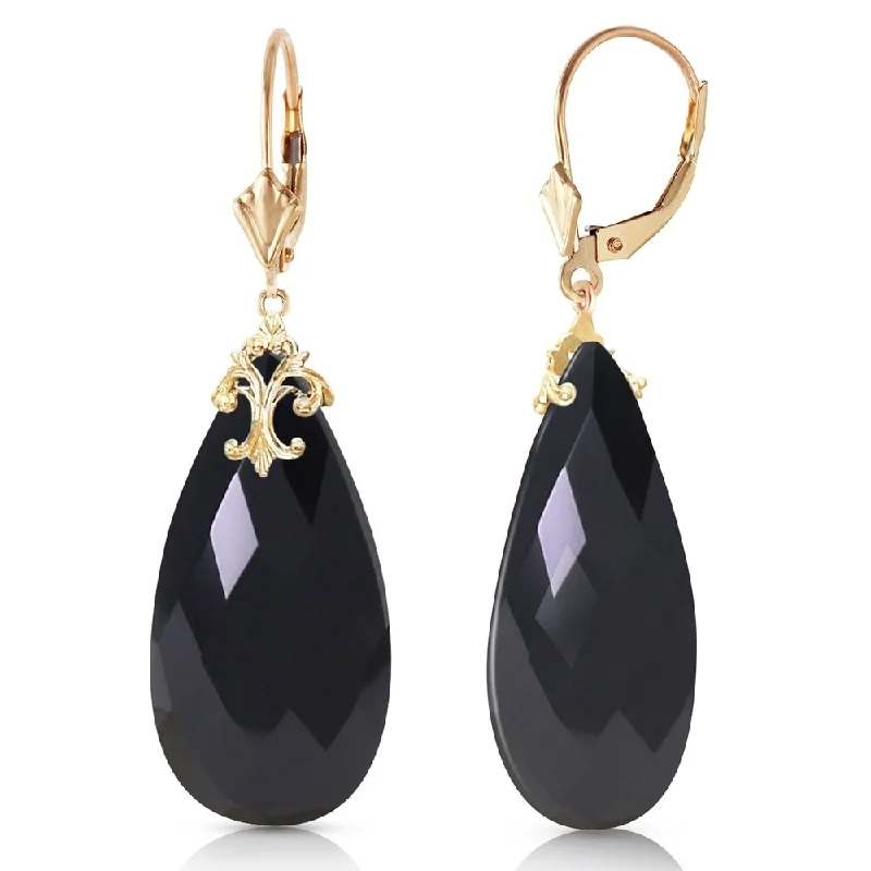 Peak gem earrings-14K Solid Gold Leverback Earrings with Briolette 31x16 mm Black Onyx