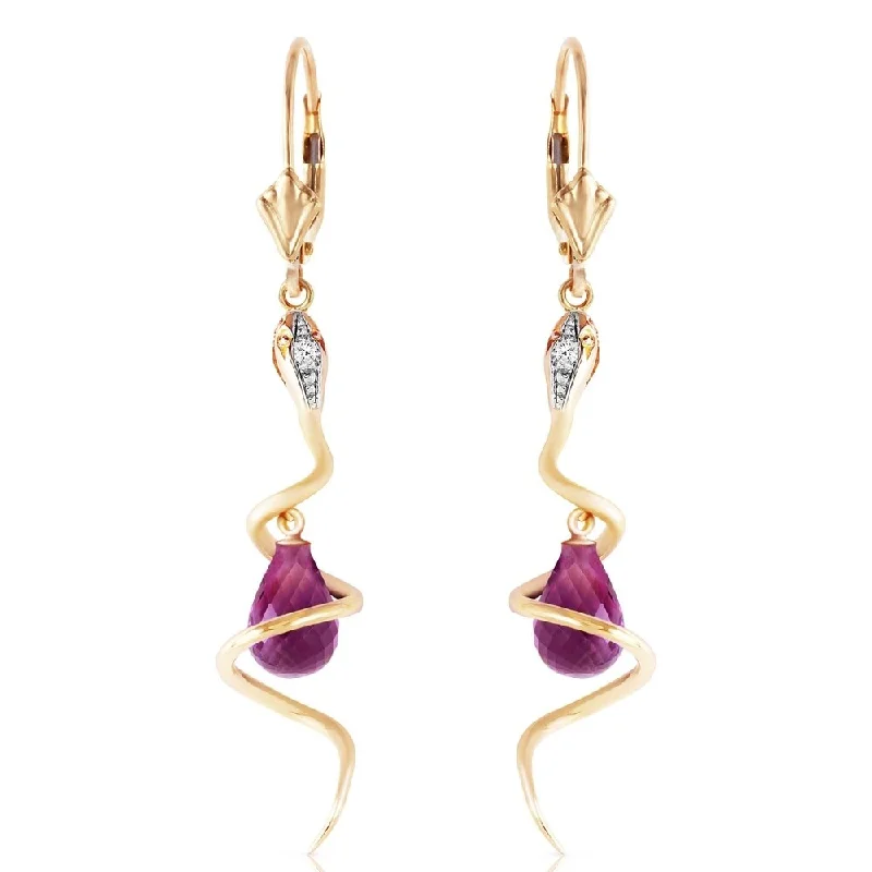 Charred timber earrings-14K Solid Gold Snake Earrings with Dangling Briolette Amethysts & Diamonds