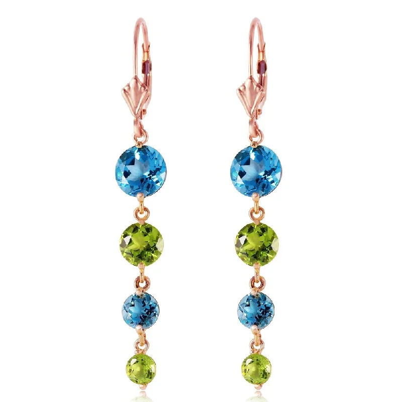 Linked stone earrings-14K Solid Rose Gold Chandelier Earrings with Blue Topaz & Peridot