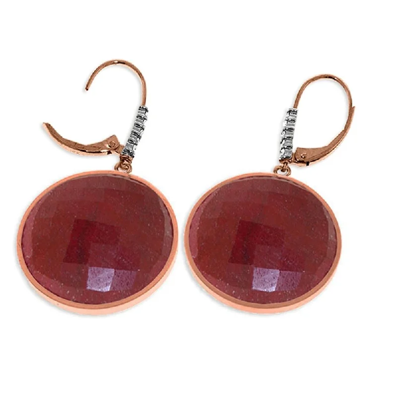 Molten alloy earrings-14K Solid Rose Gold Diamonds Leverback Earrings withCheckerboard Cut Round Dyed rubyes