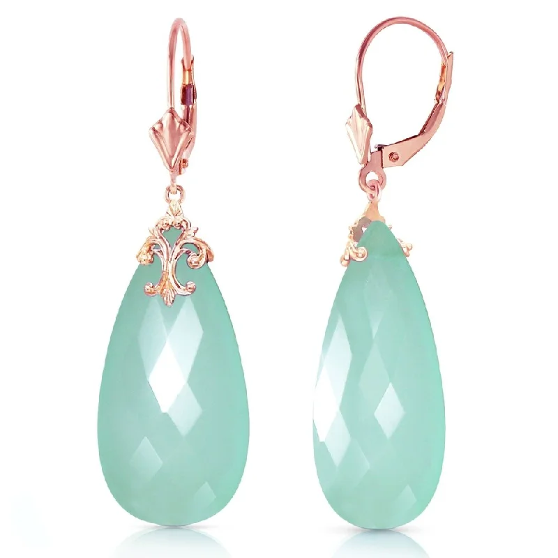 Pear-shaped zircon earrings-14K Solid Rose Gold Leverback Earrings with Briolette 31x16 mm Mint Green Chalcedony