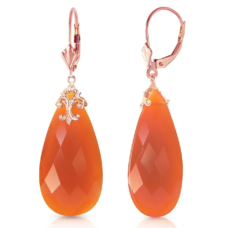 Bronze cast earrings-14K Solid Rose Gold Leverback Earrings with Briolette 31x16 mm Reddish Orange Chalcedony