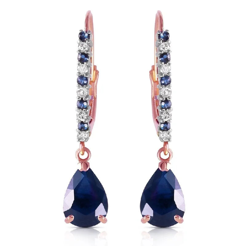 Radiant-cut sapphire earrings-14K Solid Rose Gold Leverback Earrings with Natural Diamonds & Sapphires