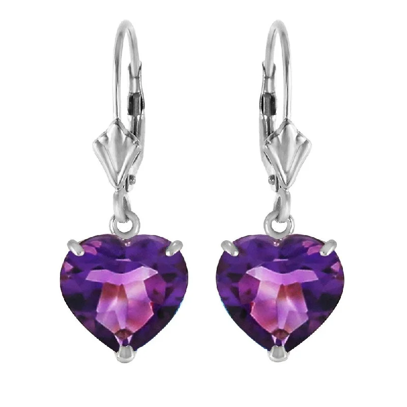 Quartz grit earrings-14K Solid White Gold Leverback Earrings Natural 10mm Heart Amethysts