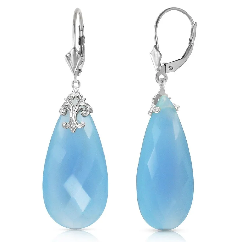 Multi-metal earrings-14K Solid White Gold Leverback Earrings with Briolette 31x16 mm Aqua Blue Chalcedony