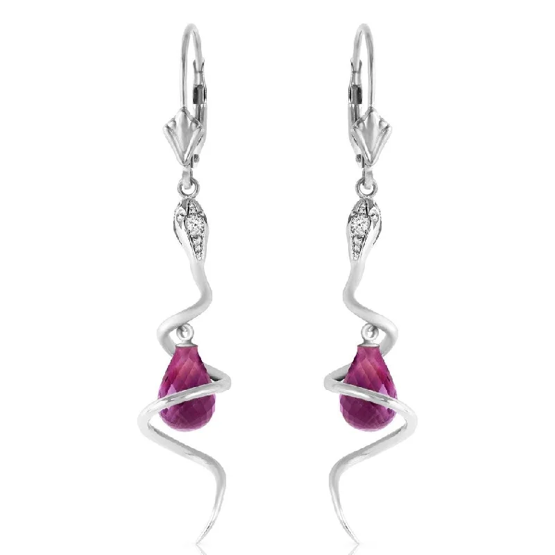 Hexagon stone earrings-14K Solid White Gold Snake Earrings with Dangling Briolette Amethysts & Diamonds