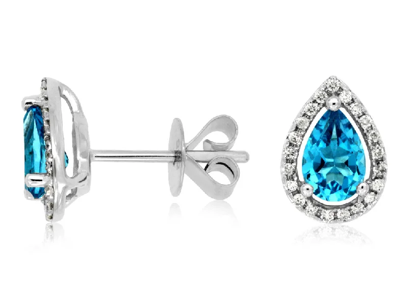 Stacked gemstone earrings-14K White Gold .12ctw Diamond and 1ctw Pear Shape Blue Topaz Halo Earrings (97937)