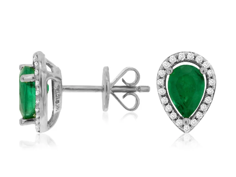 Scuffed edge earrings-14K White Gold .12ctw Diamond and .75ctw Pear Shape Emerald Halo Earrings (97934)