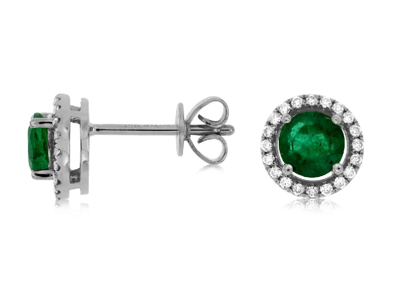 Streaked stone earrings-14K White Gold .15ctw Diamond and .90ctw Round Emerald Halo Earrings (97935)