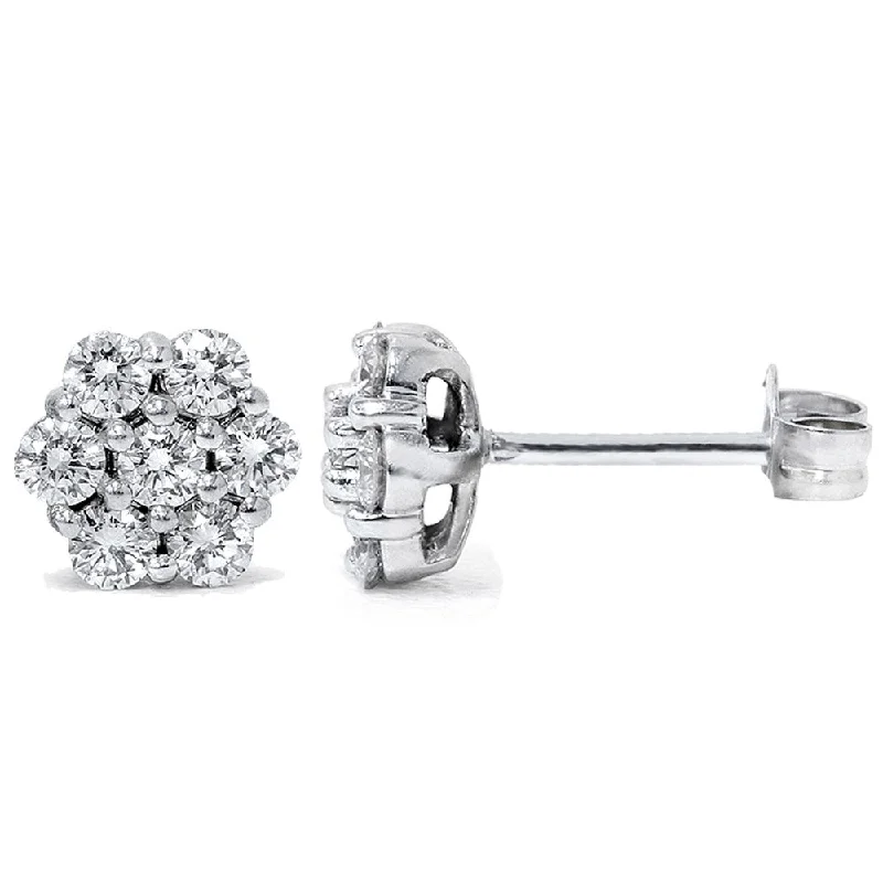 Offset gem earrings-14k White Gold 1ct TDW Flower Cluster Diamond Stud Earrings