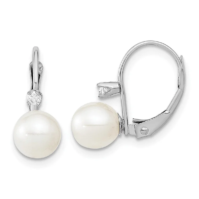 Jade vein earrings-14K White Gold 6-7mm Round White FWC Pearl .06ct. Dia. Earrings