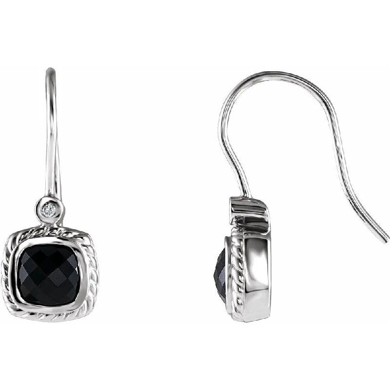 Hexagon stone earrings-14k White Gold Onyx & .03 CT Diamond Rope Design Dangle Earring for Women